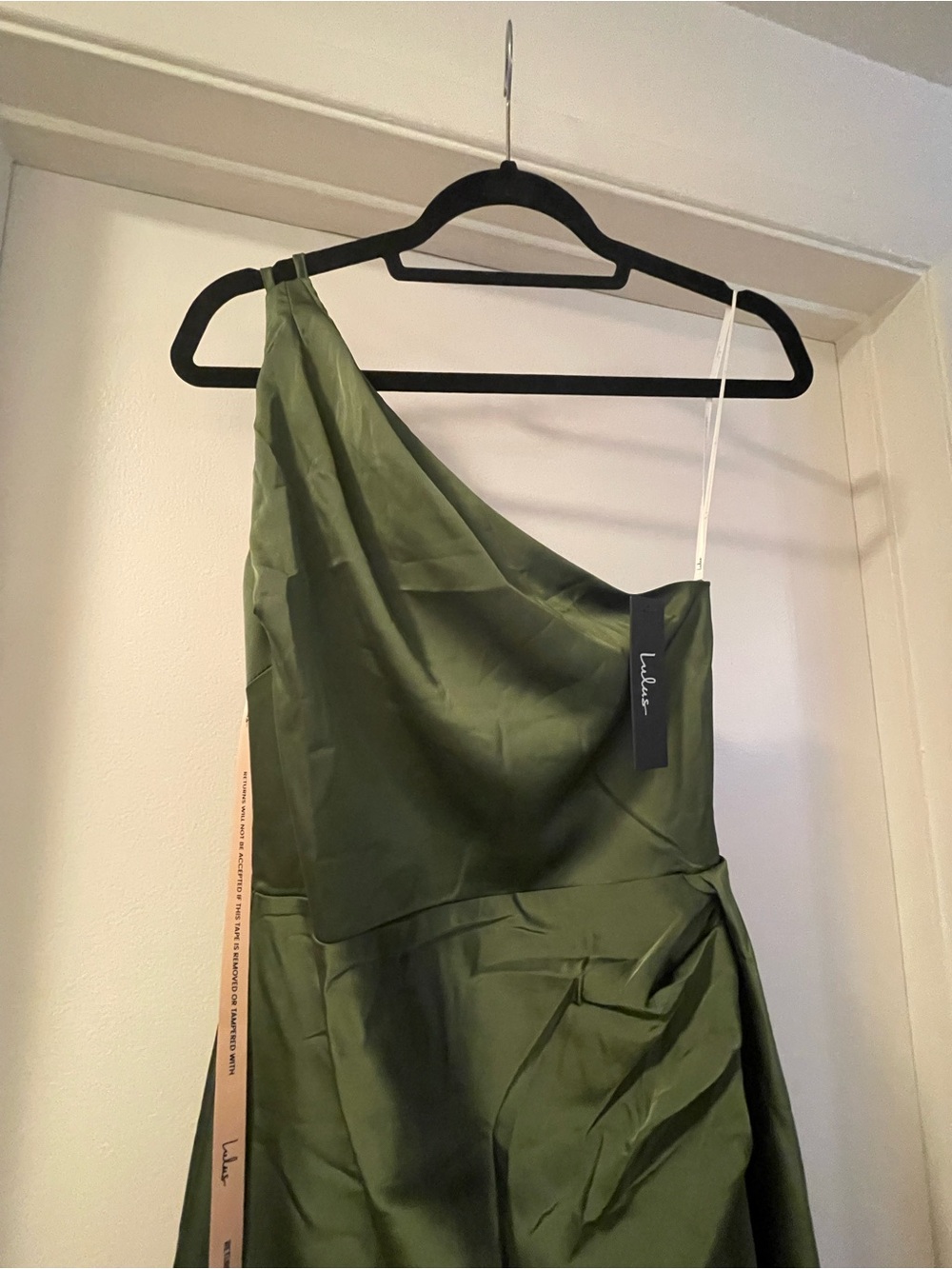 Lulus Signature Elegance Olive Green Satin One-shoulder Maxi Dress - Size S - Picture 3 of 3